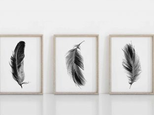 Set of 3 Feathers Wall Art Prints, Black & White Feather Poster Minimalist Print