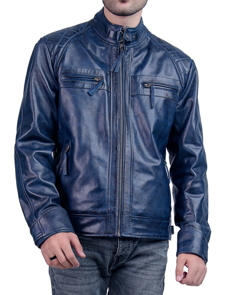 Blue Cafe Racer Biker Leather Jacket