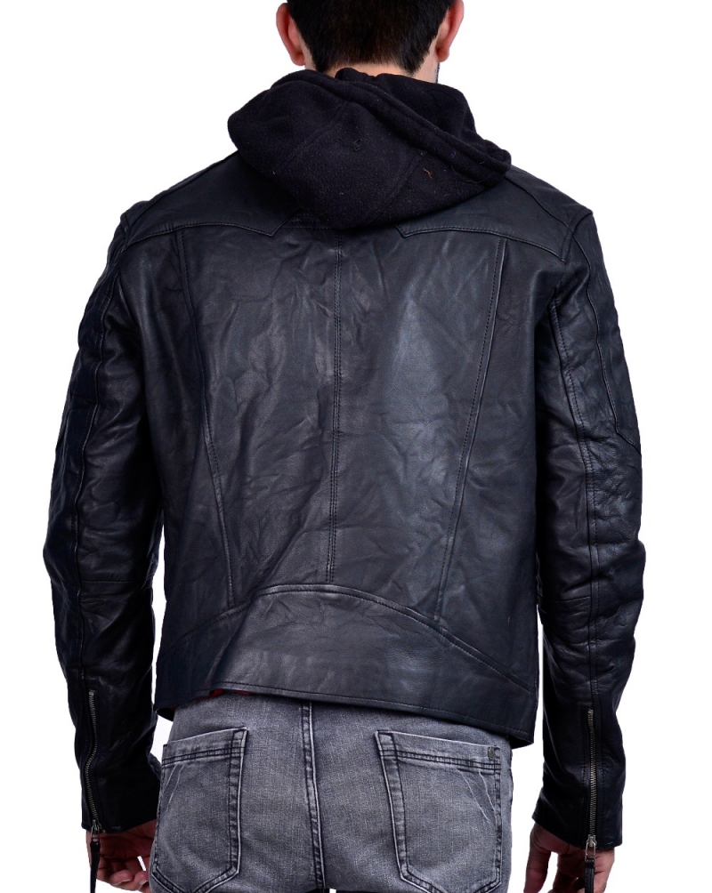 Black Mens Hooded Leather Jacket