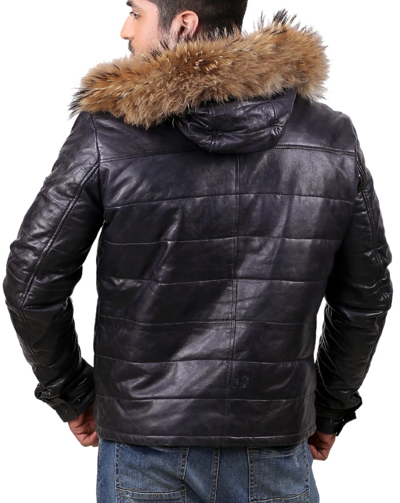 Down Parka Leather Jacket Mens with Removable Hood