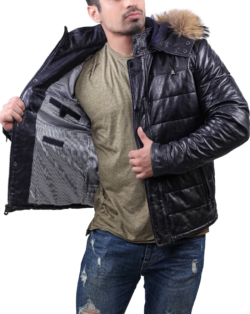 Down Parka Leather Jacket Mens with Removable Hood